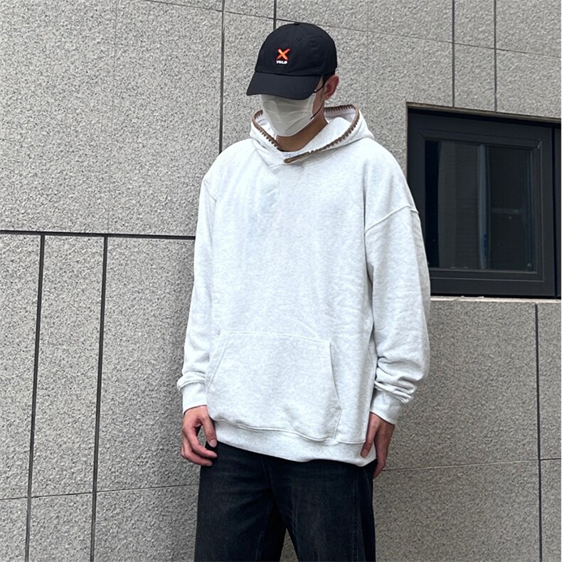 抖音得物高品质二开25秋冬美式重磅宽松纯色连帽贝壳刺绣卫衣W63,男装卫衣,电商A486