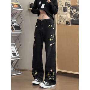 B221 美式ins高街暗黑绣花宽松直筒牛仔裤LK25581-特P45控78图片