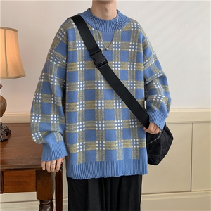 现货 现货 宽松圆领毛衣男秋冬格子百搭针织衫D329-QM801-P78控98图片