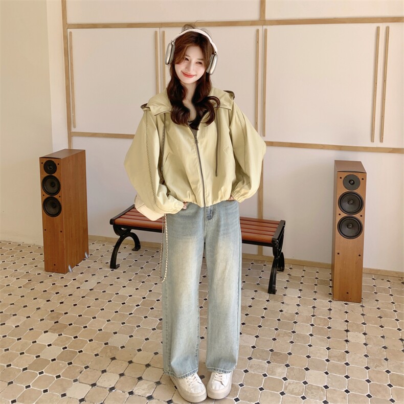浅黄色休闲风抽绳连帽外套女2026春秋新款小个子宽松短款减龄上衣,女装短外套,2C159