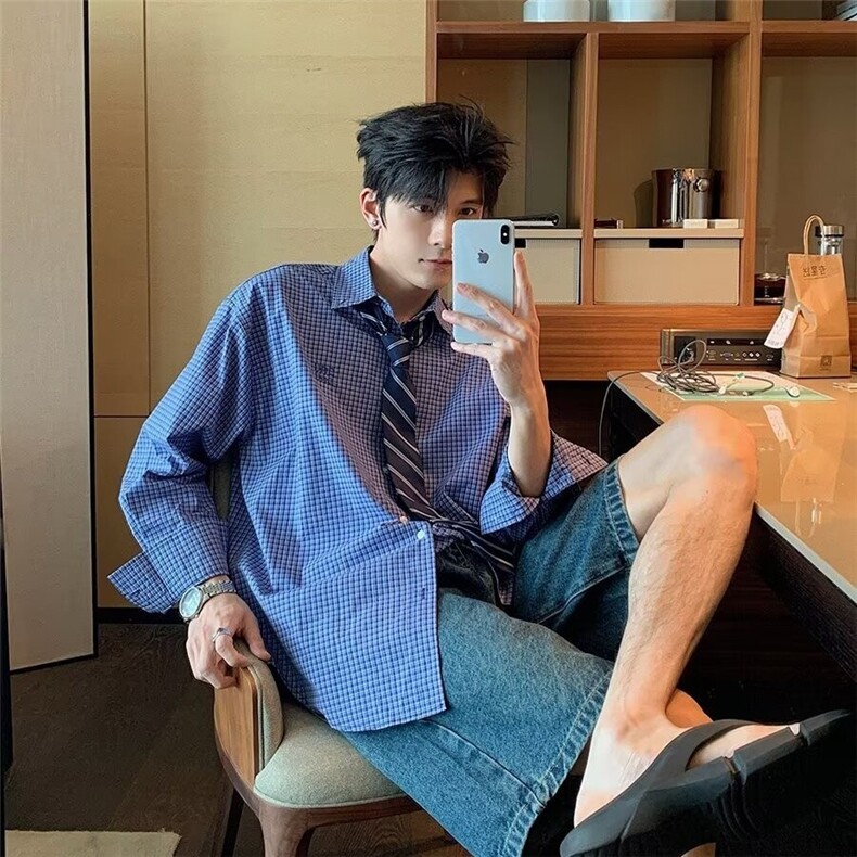 美式复古慵懒宽松蓝色格子长袖衬衫男2026新款百搭休闲时尚衬,男装衬衫,星座218-1（原230）