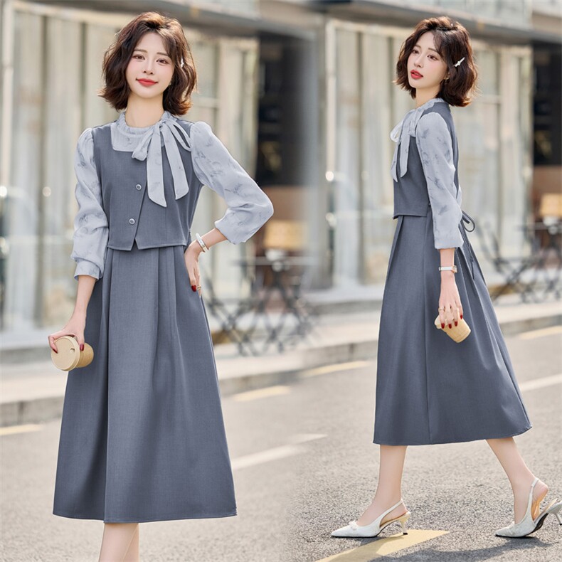 假两件连衣裙女2025春秋新款法式小香风气质蝴蝶结温柔风长袖裙子，女装连衣裙，铭街依杨