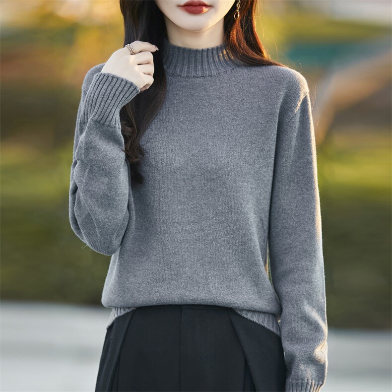 纯棉线半高领加厚针织衫女2024冬季宽松慵懒风开叉毛衣纯色打底衫,针织衫/毛衣,彩羽羊绒