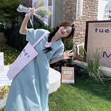 韩版慵懒风简约v领连衣裙女2025夏季新款法式宽松显瘦泡泡袖长裙，女装连衣裙，维壹