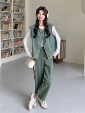 档口现货高品质26春装水洗做旧复古牛仔马甲阔腿裤两件套女，女装套装/套裙，苗苗