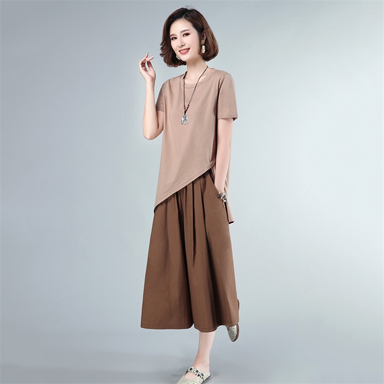 2021年夏季新款连衣裙女中长款短袖T恤半身裙子套装女休闲两件套,女装套装/套裙,简韵佳