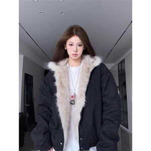 座山雕连帽棉服男女冬季加厚毛领夹棉外套美式复古高级感短款棉衣