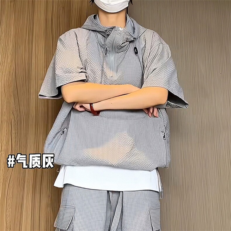 胖子日系新款美式休闲运动连帽宽松纯色拉链T恤t68-T45图片