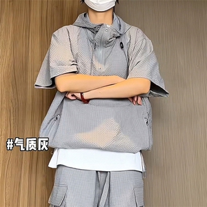 胖子日系新款美式休闲运动连帽宽松纯色拉链T恤t68-T45图片