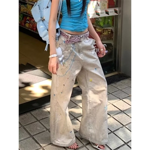 美式复古3D印花设计牛仔裤男女夏季新款宽松高腰阔腿潮牌直筒长裤