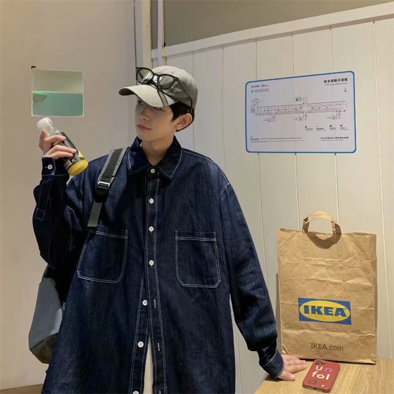 长袖衬衫男港风日系韩版帅气牛仔口袋工装衬衣C926P42,男装衬衫,星座1116-2