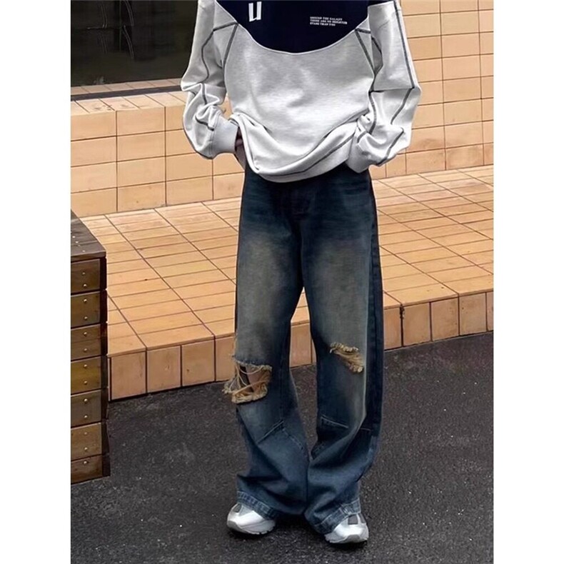 复古水洗破洞牛仔裤男小众高街直筒宽松阔腿裤子vibe潮ND767,男装牛仔裤,星座1116A（原606A-3）