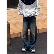 复古水洗破洞牛仔裤男小众高街直筒宽松阔腿裤子vibe潮ND767，男装牛仔裤，星座1116A（原606A-3）