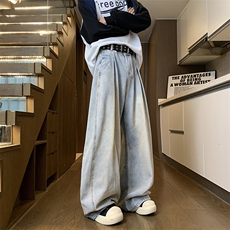 美式拼接卷边牛仔裤男女阔腿直筒宽松情侣长裤，男装牛仔裤，星座716-2
