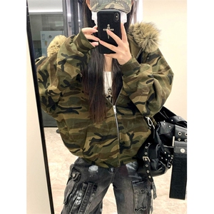 迷彩连帽卫衣外套女秋季宽松休闲百搭加绒加厚上衣WM6039