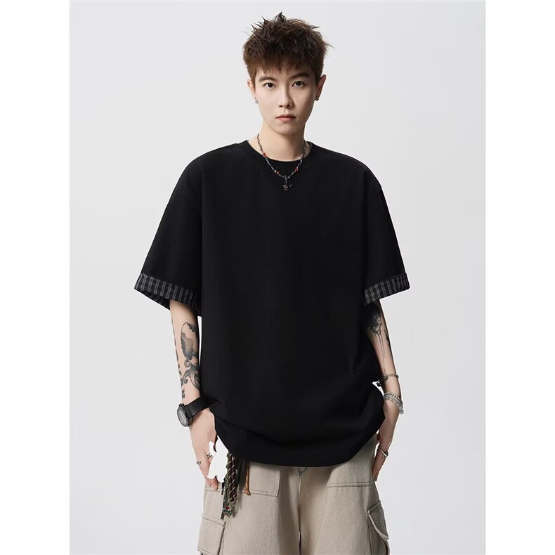 网图港风潮流简约假两件短袖t恤夏季大码宽松百搭上衣YY816-P32，男装T恤，电商C216