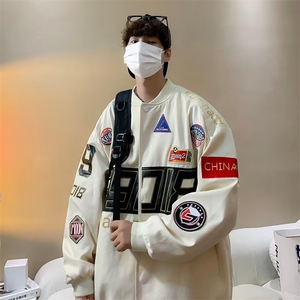 美式复古机车服外套春秋季新款潮牌宽松情侣棒球服高街刺绣夹克男图片