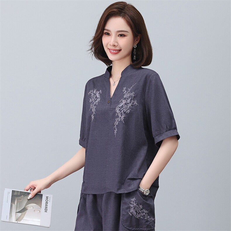 亚麻衬衫女短袖2023年新款夏季刺绣衬衣v领小衫妈妈气质苎麻上衣,女装T恤,忆绮罗