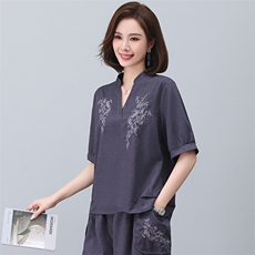 亚麻衬衫女短袖2023年新款夏季刺绣衬衣v领小衫妈妈气质苎麻上衣，女装T恤，忆绮罗
