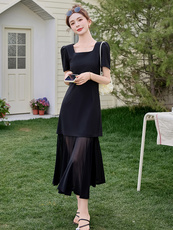 赫本风网纱拼接方领连衣裙女2025夏季新款小个子收腰显瘦减龄长裙，女装连衣裙，微微衣阁