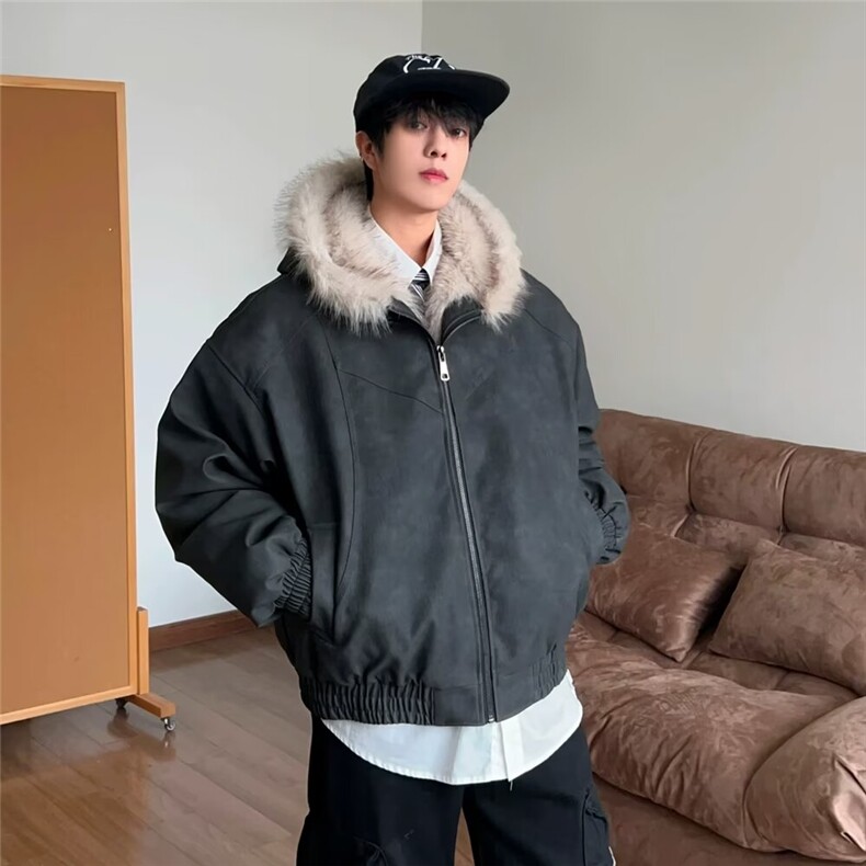 美式复古男女外套秋冬季潮牌痞帅炸街毛领连帽棉服加厚座山雕夹克图片
