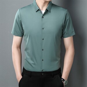 衬衫男2023新款夏装商务休闲正装中青年男士纯色翻领短袖工装衬衫图片