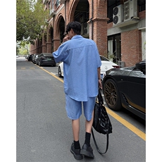 时尚套装男慵懒风条纹蓝色短裤长袖衬衫套装潮流时尚套装特P55，男装牛仔裤，电商B319