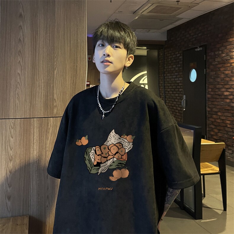 原创设计潮牌T恤短袖男夏季美式oversize体恤麂皮绒复古重磅半袖,男装T恤,电商B371