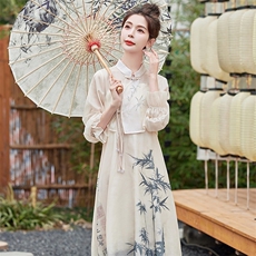 芷墨早秋新款复古中式设计款竹子通勤套装显高显瘦透气长款连衣裙，女装套装/套裙，芷墨服饰