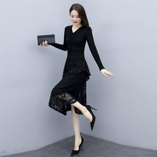 2025春季配大衣打底显瘦针织连衣裙女假两件黑色蕾丝内搭长袖裙子，女装连衣裙，安之芮娜