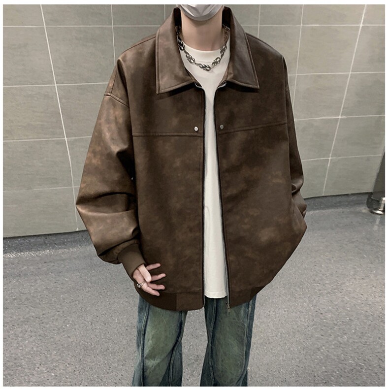 中性风痞帅男装外套美式短款潮牌工装皮衣夹克DSA157B-J189-P90图片