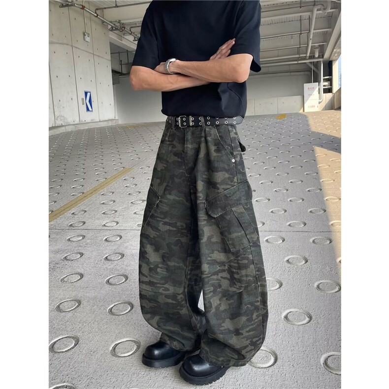 多口袋迷彩工装牛仔裤男夏季复古宽松休闲水洗阔腿裤J7839P58，男装牛仔裤，星座1013-1