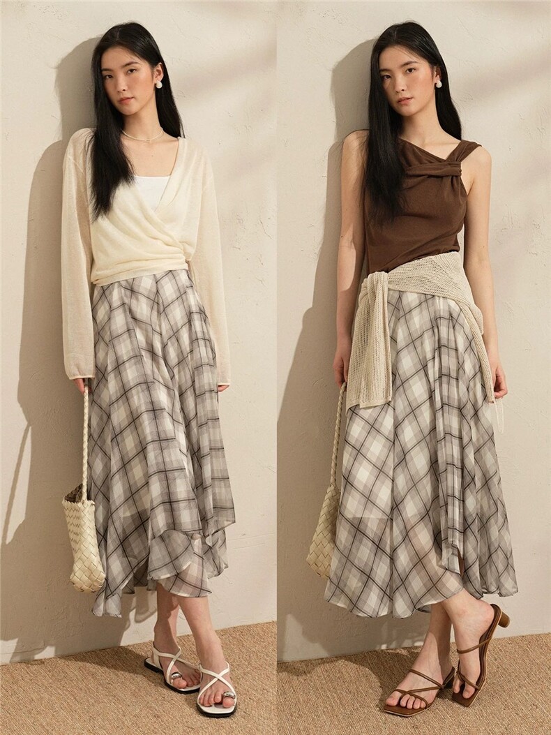 法式格纹半裙轻盈飘逸不规则半身裙,女装半身裙,湘姗