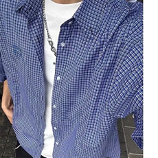 美式复古慵懒高级感蓝色格子长袖衬衫男女宽松百搭休闲刺绣衬衣潮，男装衬衫，星座506A
