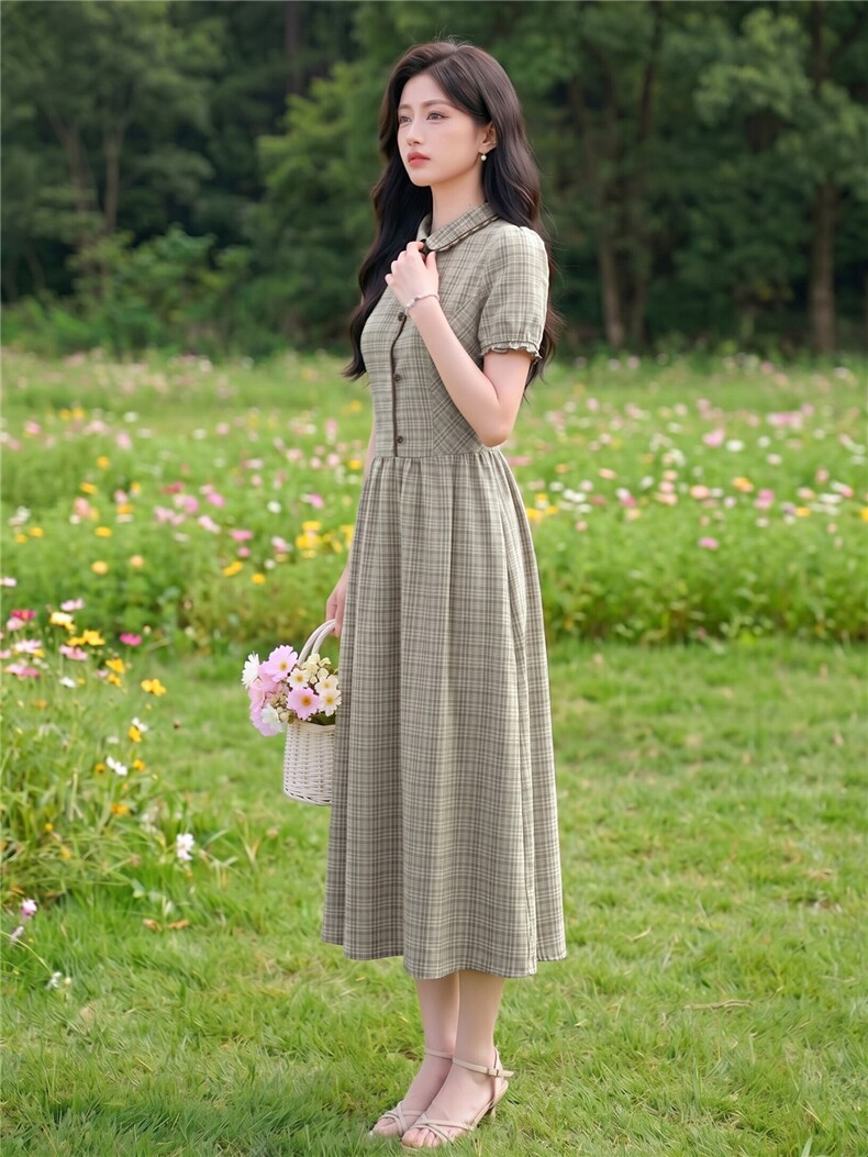 学院风格纹连衣裙女春夏收腰显瘦中长裙格子裙子,女装连衣裙,水衣源