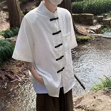 新中式风男装短袖立领衬衫盘扣提花复古中山装七分半袖唐装衬衣，男装衬衫，星座1210-1
