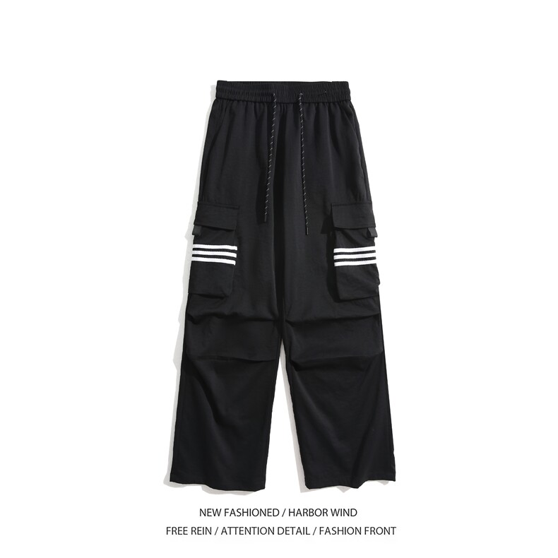 抖音品质夏季新款条纹口袋褶皱宽松伞兵裤B315-K24243-特p35控68,男装休闲裤,电商B315