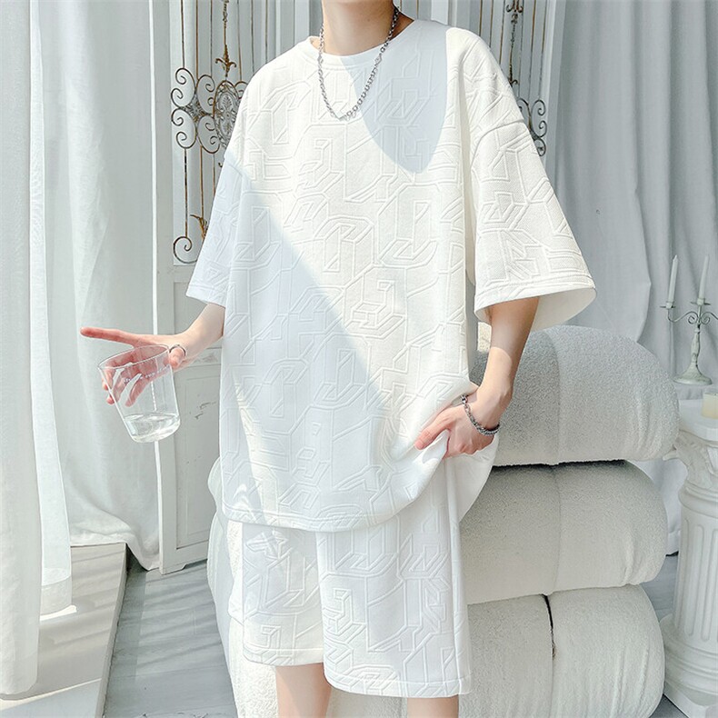 特批P45无差价夏季时尚字母提花纹理感大码短袖短裤套装男TZ5353，男装休闲套装，电商A001