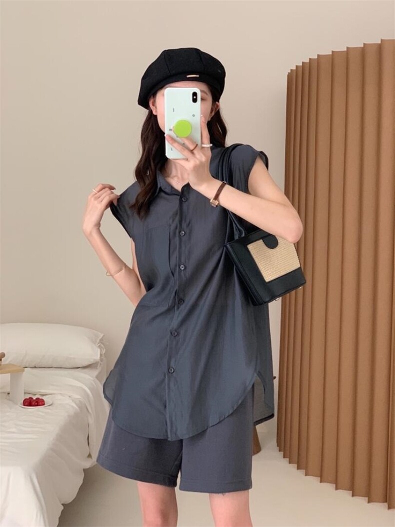 防晒套装女薄款欧洲站夏季2022新款欧货衬衫阔腿短裤两件，女装职业装，香丽迪1