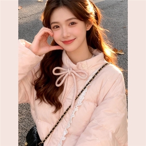 蕾丝拼接棉服外套女2025年新款冬季韩系高级感粉色蝴蝶结系带棉衣图片