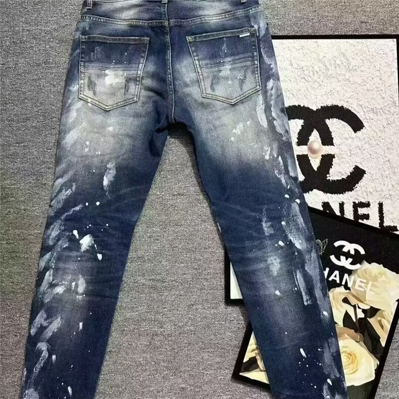 1506A/G99780/P60破洞补丁油漆弹力修身直筒蓝色牛仔裤,男装牛仔裤,星座1506A