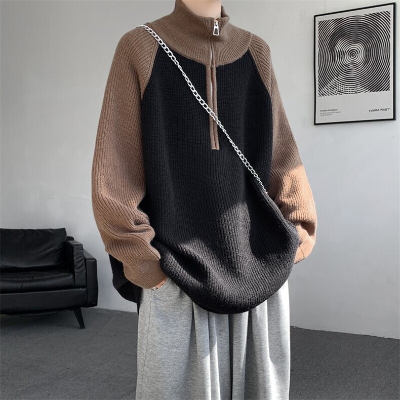 8XL-M撞色半拉链毛衣宽松慵懒风插肩袖大码针织衫外套MY1513/P75,男装针织衫/毛衣,电商B238