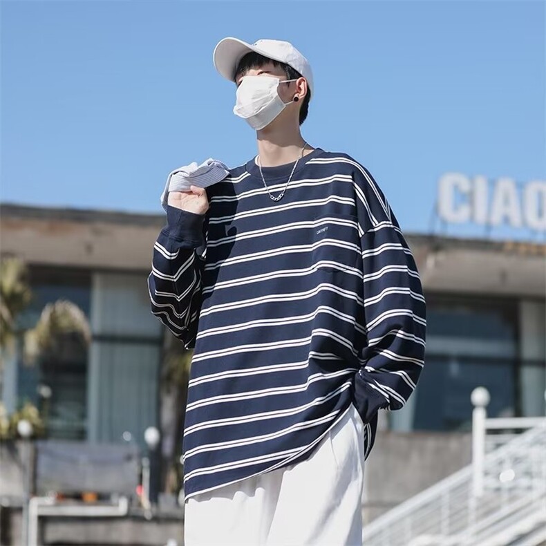 秋季潮流长袖t恤圆领套头上衣日系cityboy条纹卫衣男 T1357-P24图片
