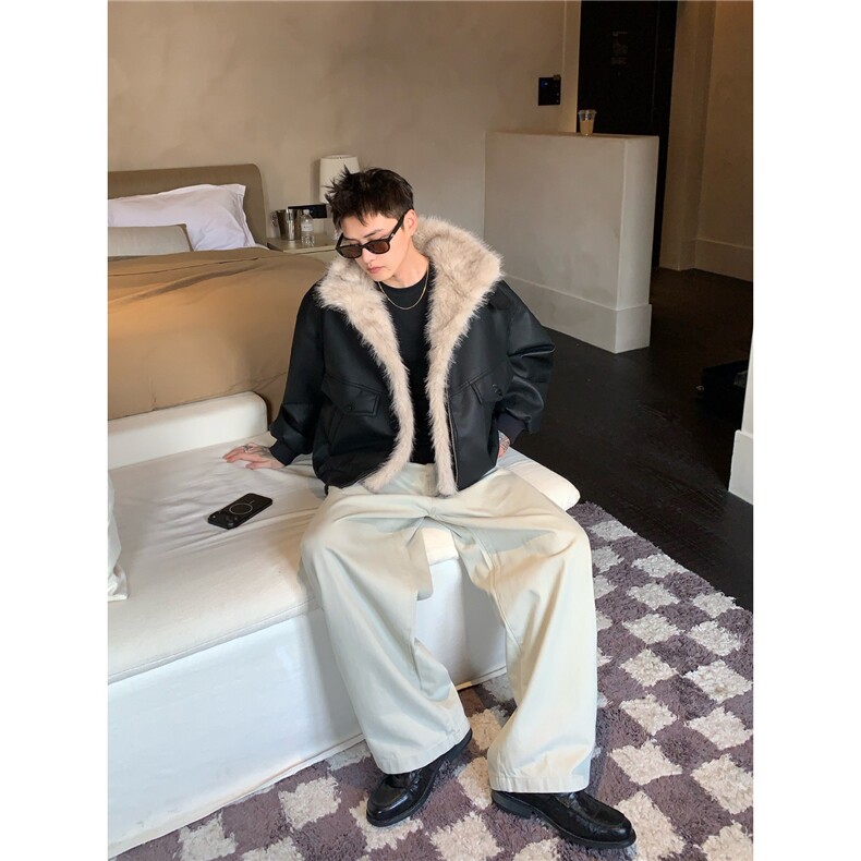 美式复古座山雕毛领皮衣棉服情侣装冬季加厚保暖短款皮毛一体外套,男装皮衣,星座506A