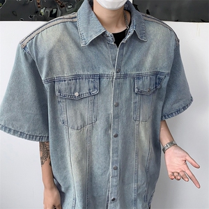 小众复古垫肩牛仔短袖衬衫杠条设计感水洗衬衣男图片