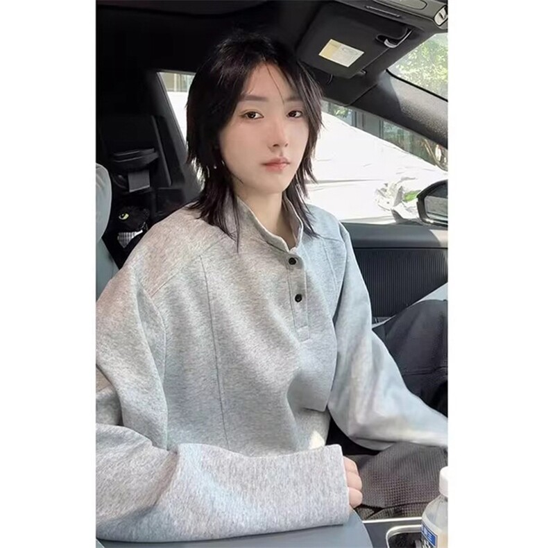 抖音得物品质美式高街重磅曼巴棉拼接cleanfit亨利领卫衣长袖T恤,男装T恤,电商A486-1