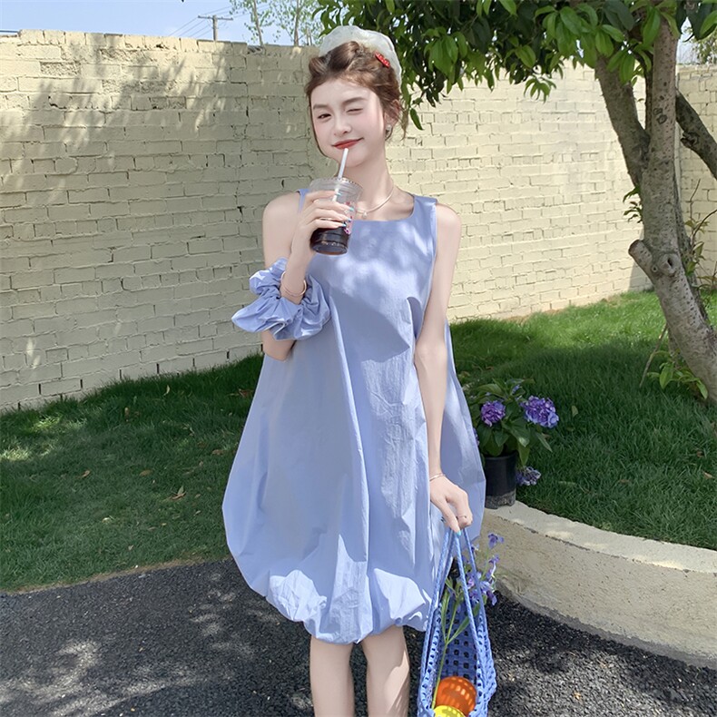 蓝色无袖花苞背心裙女夏新款小清新甜美减龄温柔风显瘦别致连衣裙,女装连衣裙,2C122