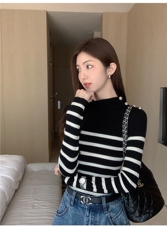 半高领条纹100纯山衫女洋气短款修身毛衣百搭显瘦针织打底衫，女装针织衫/毛衣，沐策羊绒