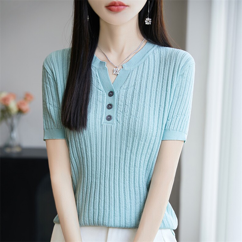 半开V领显瘦短袖t恤女夏2025新款打底衫洋气大码女装针织上衣,女装T恤,皓宇羊绒