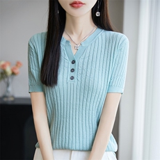 半开V领显瘦短袖t恤女夏2025新款打底衫洋气大码女装针织上衣，女装T恤，皓宇羊绒